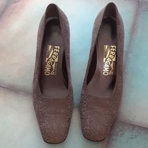 Salvatore Ferragamo Metallic Abstract Suede Pumps